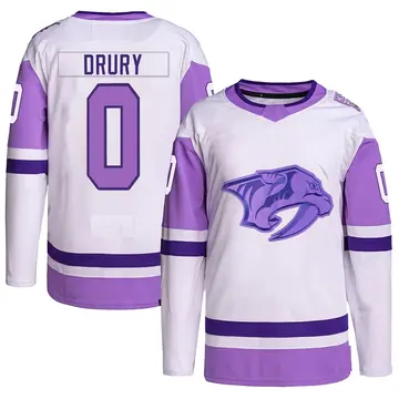 Men's Jack Drury Nashville Predators ＃0 Authentic White/Purple Hockey Fights Cancer Primegreen Jersey
